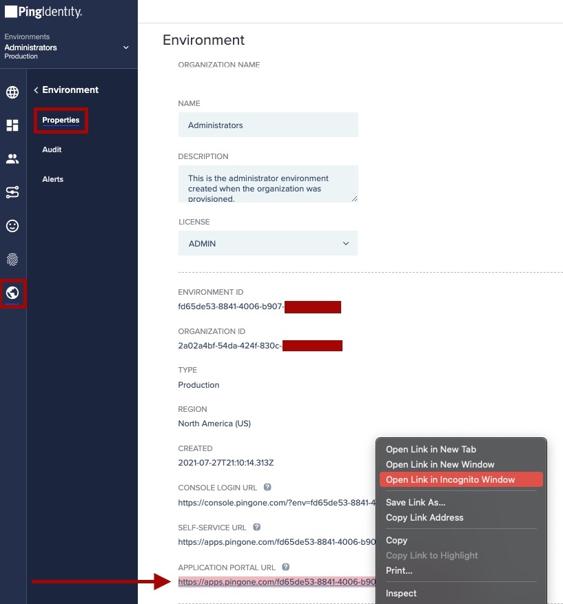 Screen capture of PingOne Environment section with the Application Portal URL selected and Open Link in Incognito Window highlighted in red.