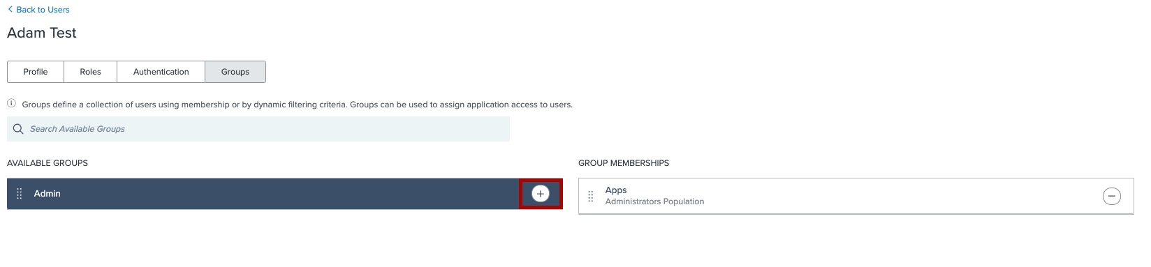 Screen capture of Admin group with the plus icon highlighted in red.