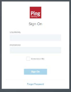 A screen capture of the Ping Identity Sign On page. The page has the Username and Password fields, which are blank. Below these fields is the Remember Me check box, which is cleared, the Sign On button, and the Forgot Password link.