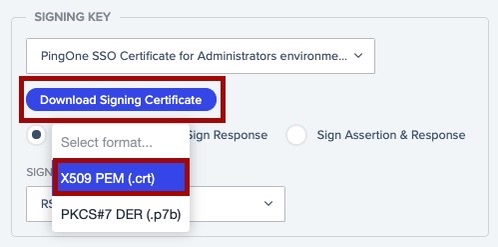 Screen capture of Signing Key section with Download Signing Certificate and X509 PEM (.crt) highlighted in red.