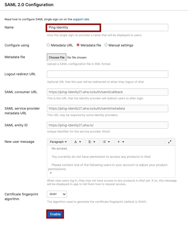 Screen capture of Aha SAML 2.0 Configuration section with the Name and Enable button highlighted in red.