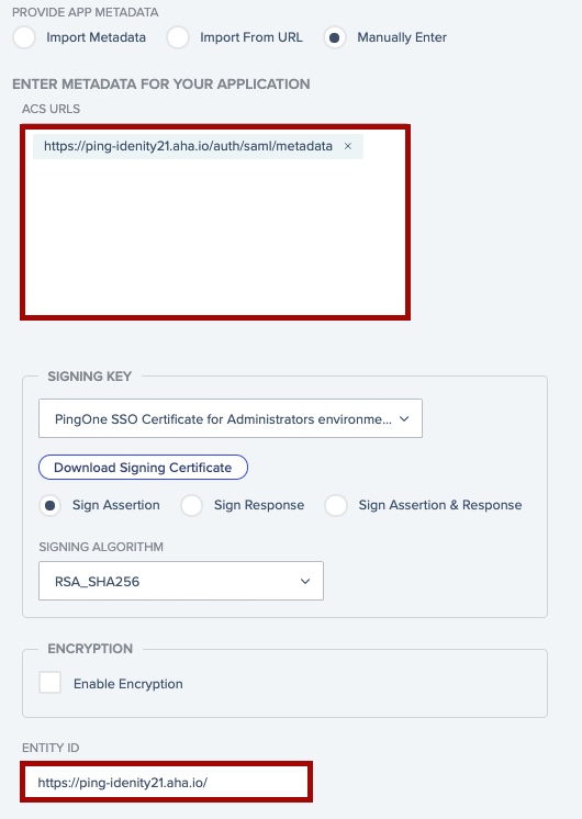 Screen capture of PingOne metadata fields with the Aha! Ideas URLs pasted from the previous step.