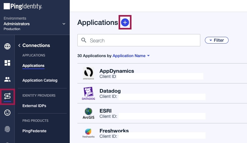 Screen capture of PingOne Applications page with the plus icon highlighted in red.