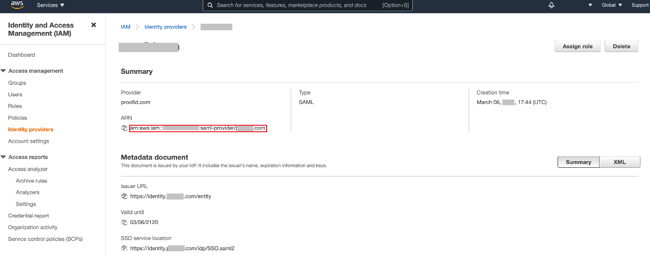 Screen capture of the AWS console open to the Identity providers page under the Access Management menu. The ARN value is highlighted in red.