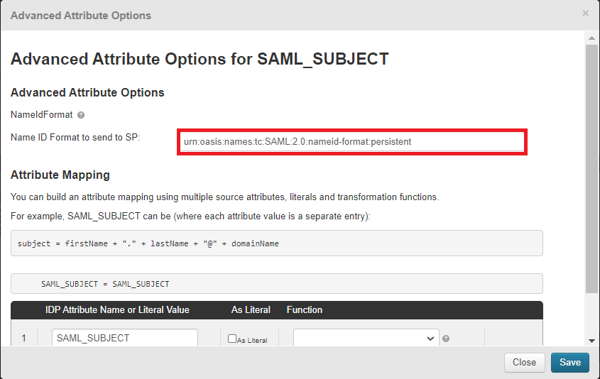 The AWS console showing the Advanced Attribute Options. The Name ID Format to send to SP value is highlighted in red.