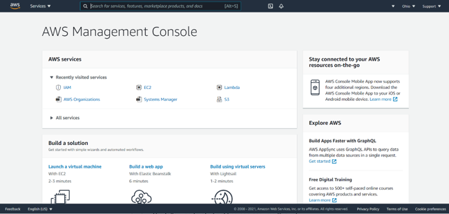 Screen capture of the AWS console open to the AWS Management Console page.