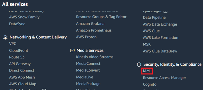 Screen capture of the AWS console with the IAM link highlighted in red in the Security, Identity, and Compliance section.