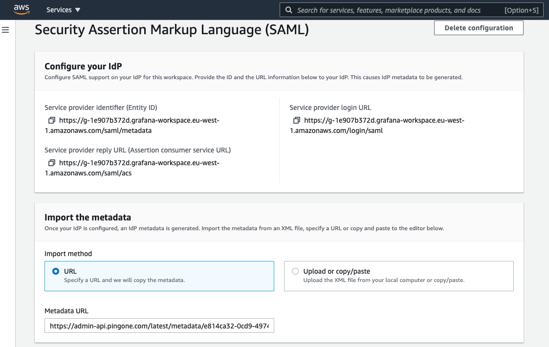 Screen capture of the Amazon Managed Grafana SAML page with URL selected as the metadata import method.