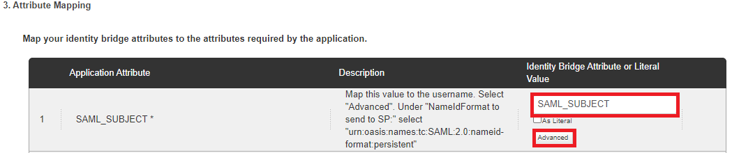 The AWS console showing the Attribute Mapping step. SAML_SUBJECT and the Advanced button are highlighted in red.