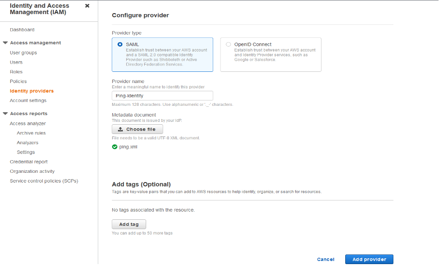 Screen capture of AWS IAM console SAML configuration settings.