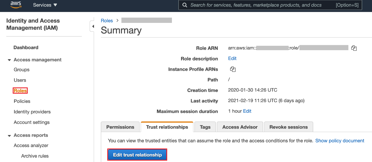 The IAM Roles section in AWS showing the Trust relationships tab on the Summary page. The Edit trust relationship button is outlined in red.