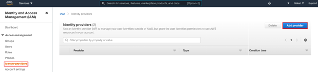 Screen capture of the AWS console with the Identity providers section highlighted in red in the Access management menu.