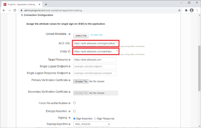 Screen capture of the admin page showing the Connection Configuration steps for the Application Catalog. The ACS URL and Entity ID fields are highlighted in red.