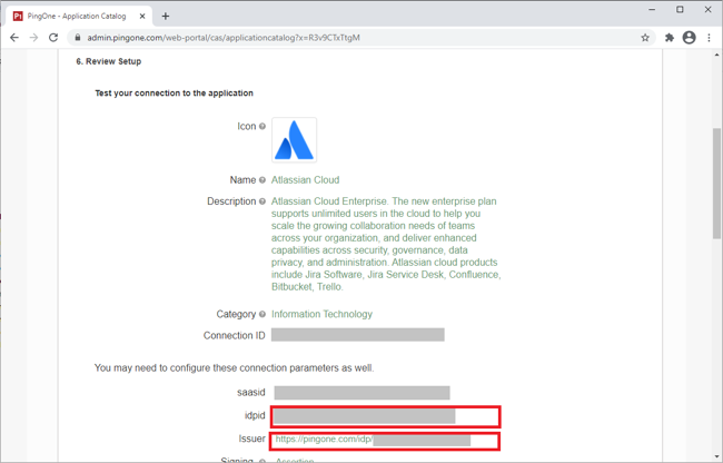 Screen capture of the admin page showing the Review Setup fields for the Application Catalog. The idpid and Issuer fields are highlighted in red.