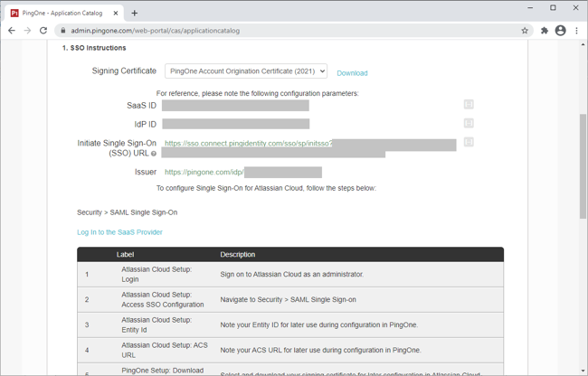 Screen capture of the admin page showing the SSO Instructions fields for the Application Catalog.