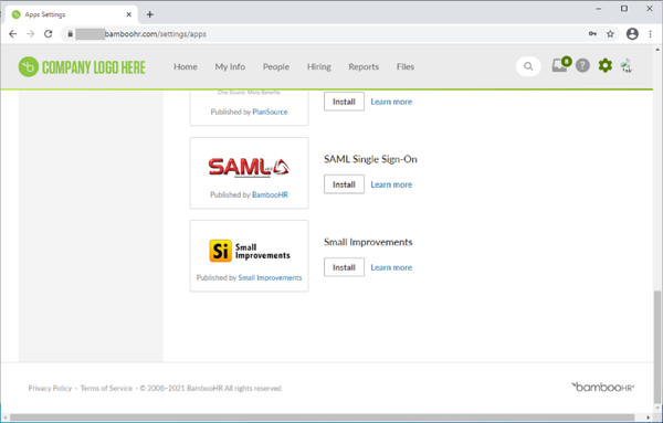 Screen capture of the SAML SSO application available to install on the BambooHR page.