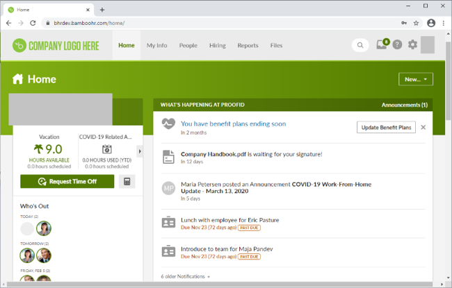 Screen capture of the BambooHR Home page.