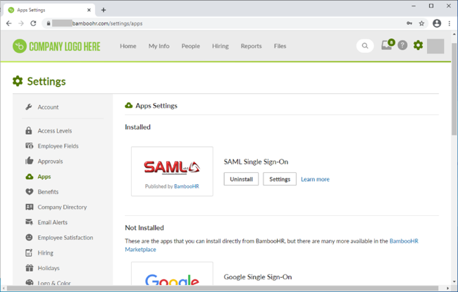 Screen capture illustrating the SAML SSO application installed on the BambooHR website.