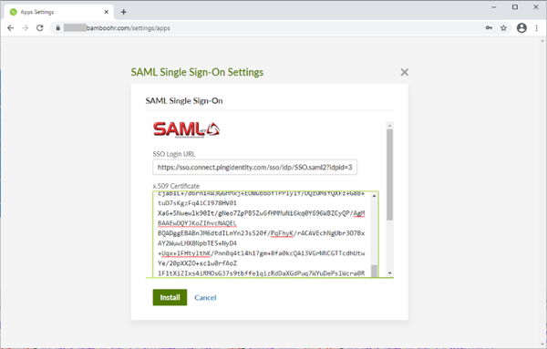 Screen capture of the SAML SSO Login URL and x.509 certificate metadata on the BambooHR page.