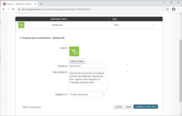Screen capture of the PingOne for Enterprise App Customization - BambooHR fields with the Icon, Name, Description, and Category fields displayed.