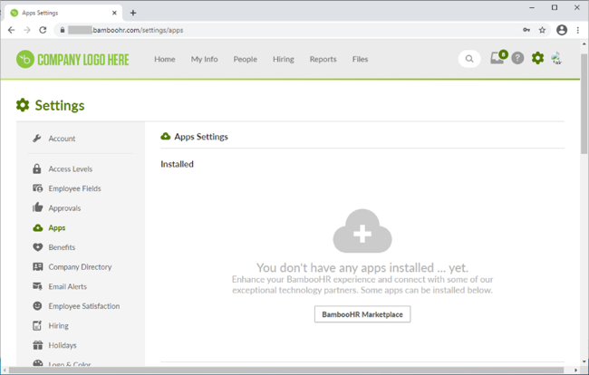 Screen capture of the BambooHR Apps Settings page. There are no applications currently installed.