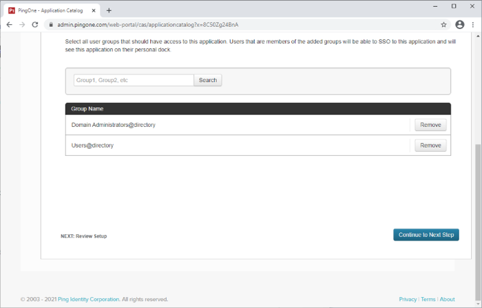 Screen capture of the PingOne for Enterprise Group Name section displaying all of the available user groups.