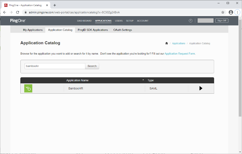 Screen capture of the PingOne for Enterprise Application Catalog tab showing the search results for the BambooHR application.