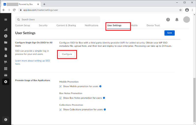 Screen capture of Box User Settings and the Configure button under Configure Single Sgn On (SSO) for All Users both highlighted in red.