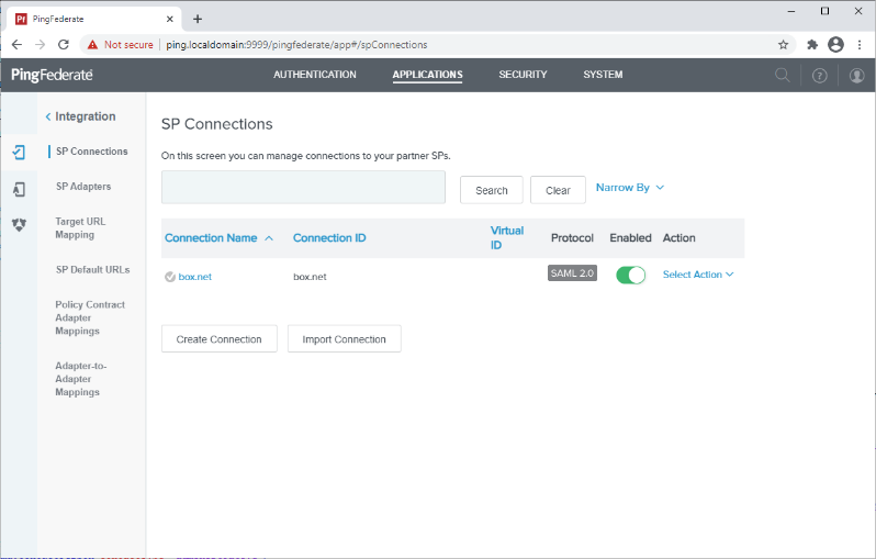 Screen capture of PingFederate SP Connections page.