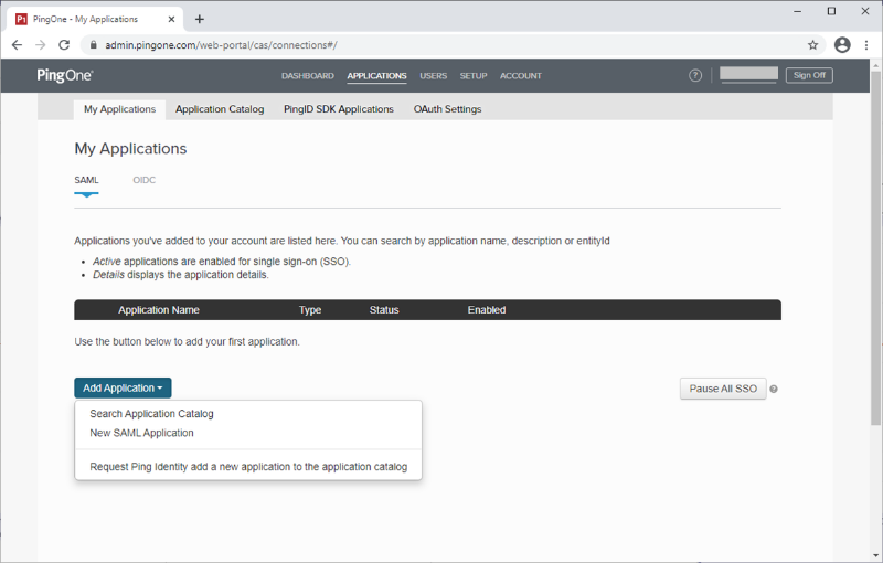 Screen capture of the My Applications tab in PingOne for Enterprise with the drop down list from the Add Application button displaying the following options: Search Application Catalog, New SAML Application, and Request Ping Identity add a new application to the application catalog.