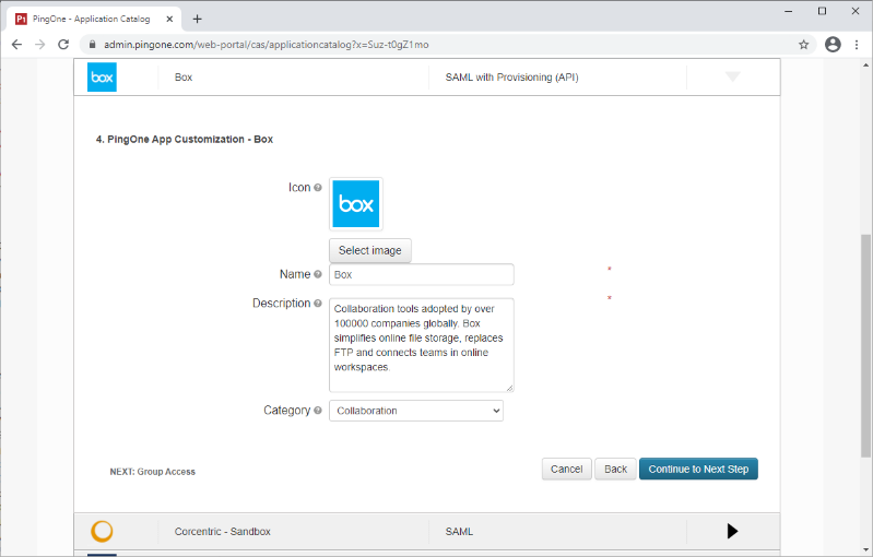 Screen capture of PingOne for Enterprise App Customization - Box section with the Name, Description, and Category fields filled out.