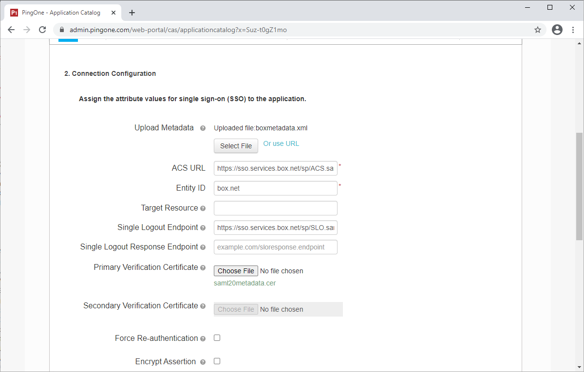 Screen capture of PingOne for Enterprise Connection Configuration section with a sample XML file uploaded in the Upload Metadata field and the ACS URL and Entity ID filled out in accordance with the above instructions.