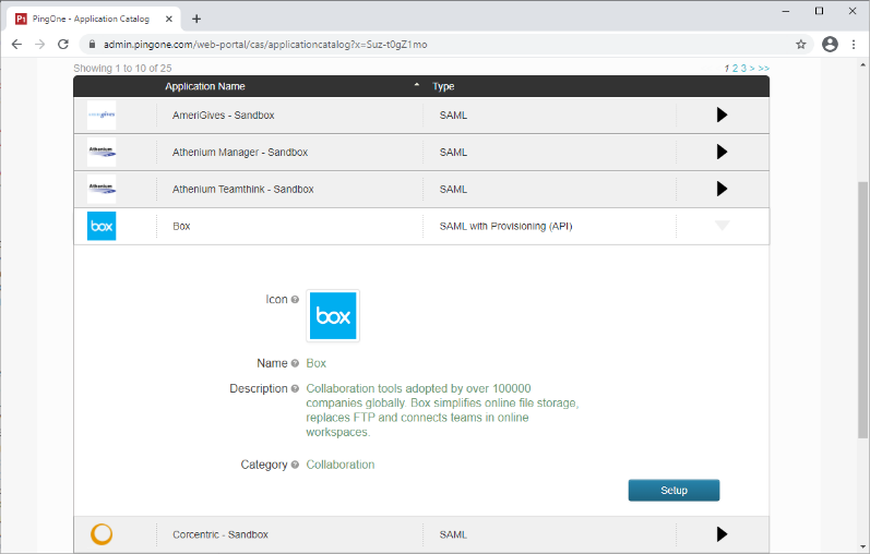 Screen capture of PingOne for Enterprise Application table. The Box row is expanded, detailing the icon, name, description, and category of the application with a Setup button in the bottom right corner.