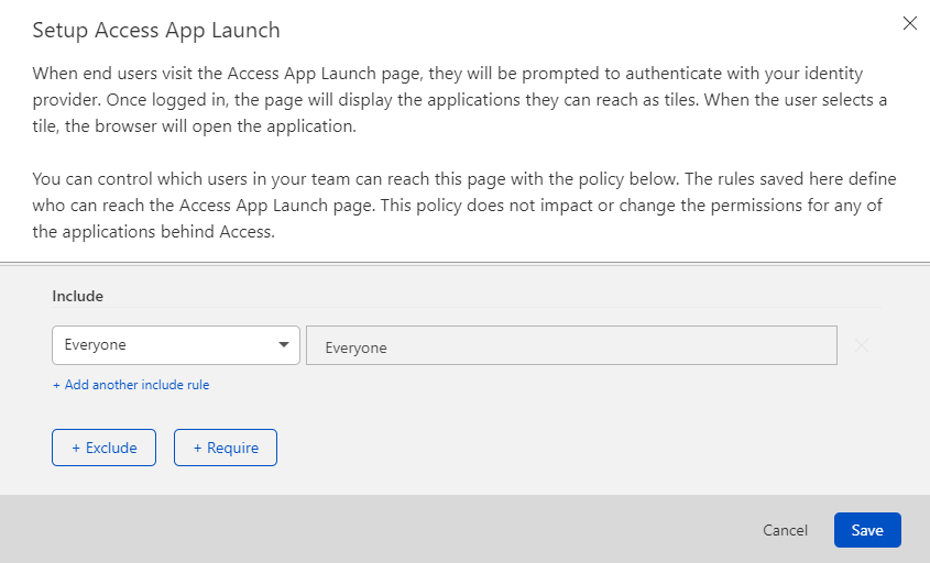 Screen capture of Setup Access App Launch page in Cloudflare.