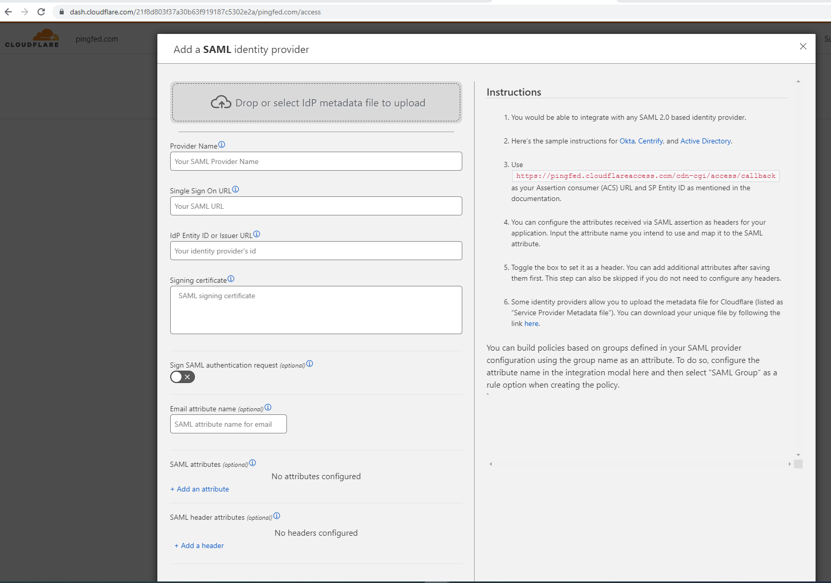 Screen capture of Cloudflare Add a SAML identity provider section.