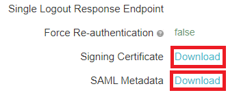 Screen capture of PingOne for Enterprise Signing Certificate and SAML Metadata download hyperlinks highlighted in red.