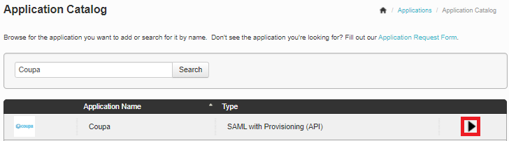 Screen capture of PingOne for Enterprise Application Catalog with Coupa listed as the Application Name and the expansion arrow highlighted in red.