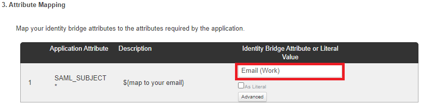 Screen capture of PingOne for Enterprise Attribute Mapping section. In the SAML_SUBJECT* row and Identity Bridge Attribute or Literal Value column, the Email (Work) field is highlighted in red.