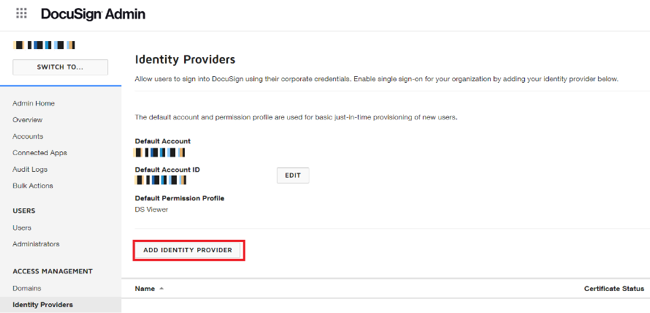 Screen capture of the DocuSign Admin portal open to the Identity Providers window with the Add Identity Provider button highlighted in red.