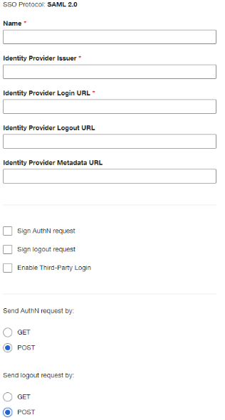 Screen capture of the Add Identity Provider fields for SSO Protocol: SAML 2.0.. The Name, Identity Provider Issuer, and Identity Provider Login URL fields are required.