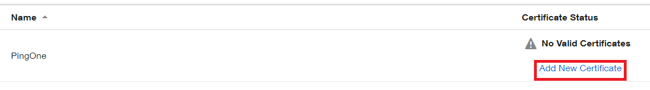 Screen capture of the PingOne for Enterprise identity provider with no current valid certificate. The Add New Certificate button is highlighted in red.