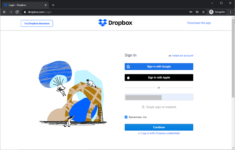 Screen capture of Dropbox login screen.