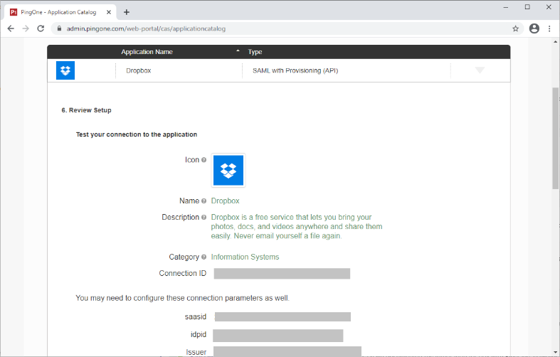 Screen capture of PingOne for Enterprise Application Review Setup section with populated Icon, Name, Description, Category fields for the Dropbox application as well as redacted Connection ID, saasid, idpid, and Issuer values.