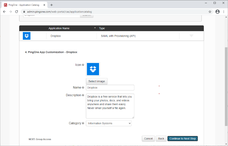 Screen capture of PingOne for Enterprise App Customization section with customizable fields for Dropbox icon, Name, Description, and Category.