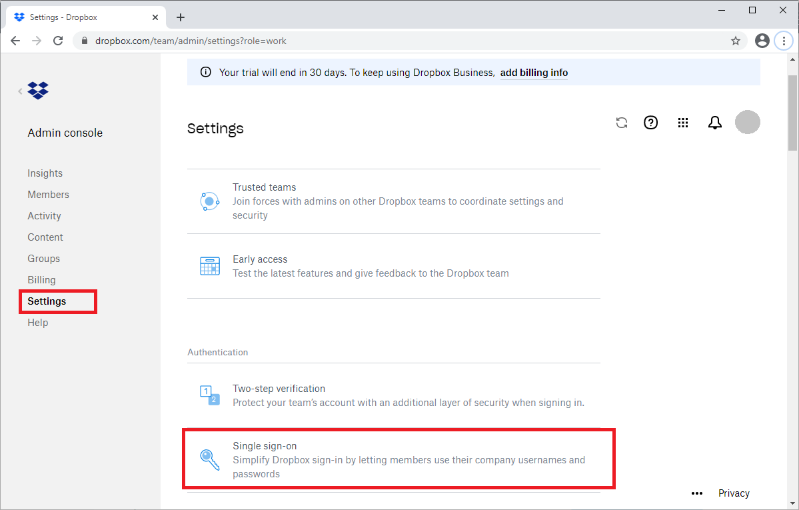 Screen capture of Dropbox Settings with the Single sign-on section highlighted in red.