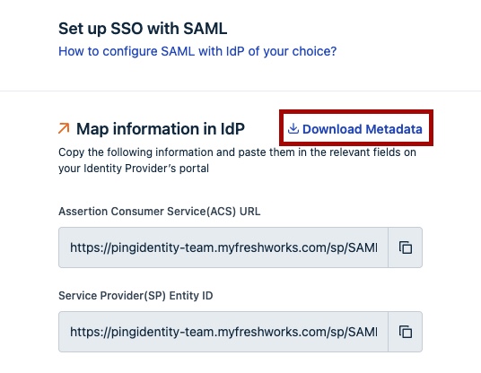 Screen capture of Freshworks Configure SSO panel with Download Metadata highlighted in red.