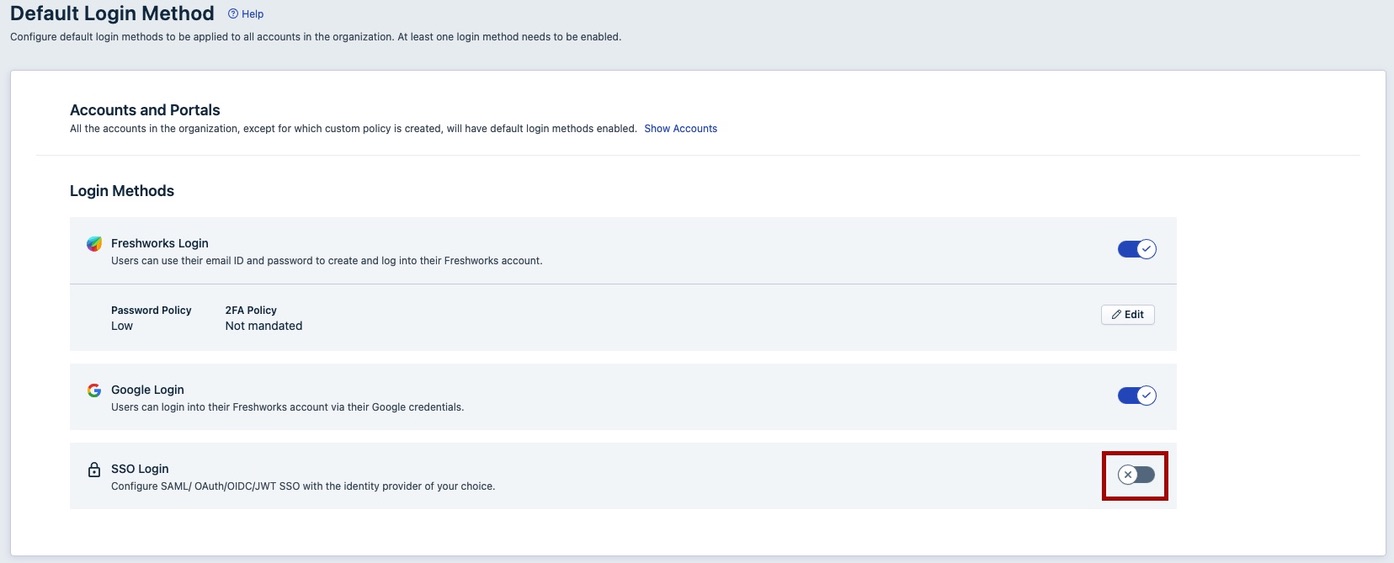 Screen capture of Freshworks Default Login Method page with the SSO Login toggle highlighted in red.