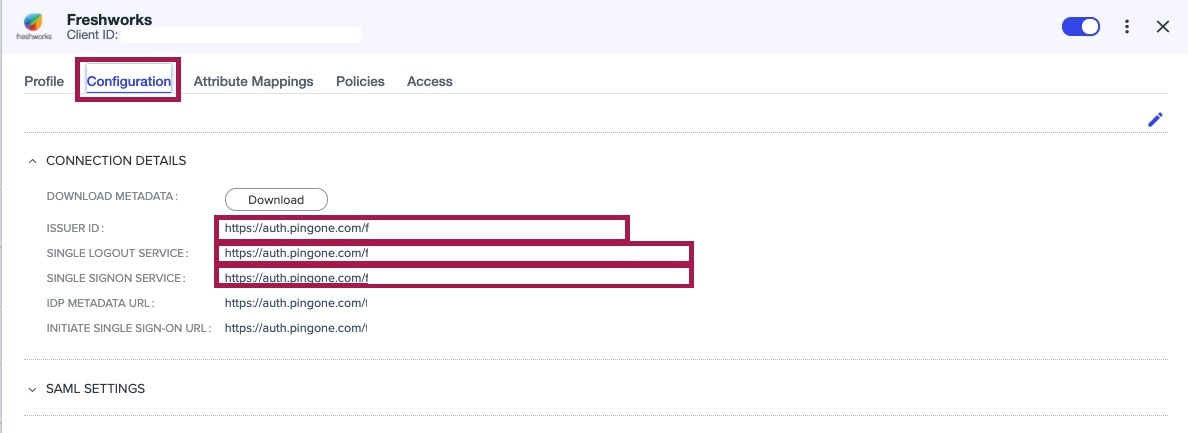 Screen capture of Freshworks Configuration with the fields for Issuer ID, Single Logout Service, and Single Sign-on Service highlighted in red.