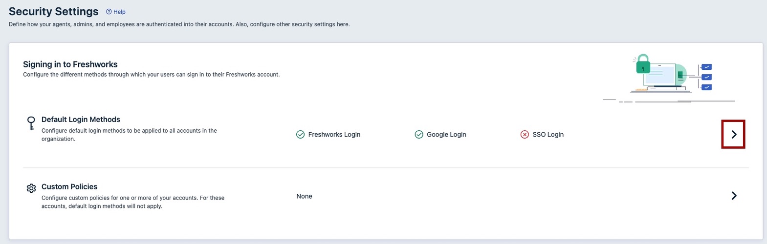 Screen capture of Freshworks Security Settings with an expansion arrow highlighted in red.