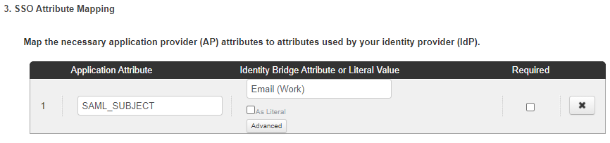 Screen capture of SSO Attribute mapping section with the Application Attribute table displaying SAML_SUBJECT as the first row entry.